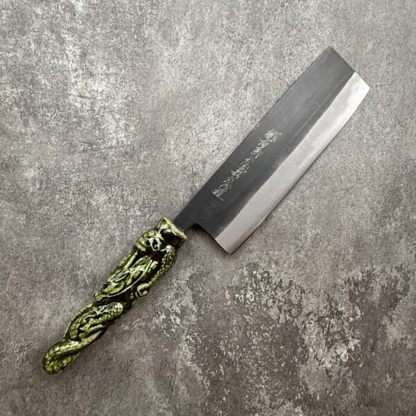 義弘 青二鋼 黑打 菜切 165mm "龍"瀨戶織部燒手柄
