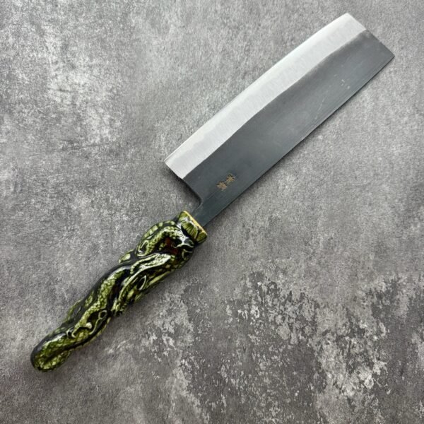 義弘 青二鋼 黑打 菜切 165mm "龍"瀨戶織部燒手柄